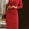 Red Elegant Wrap V Neck Ruched Slim Fit Midi Dress