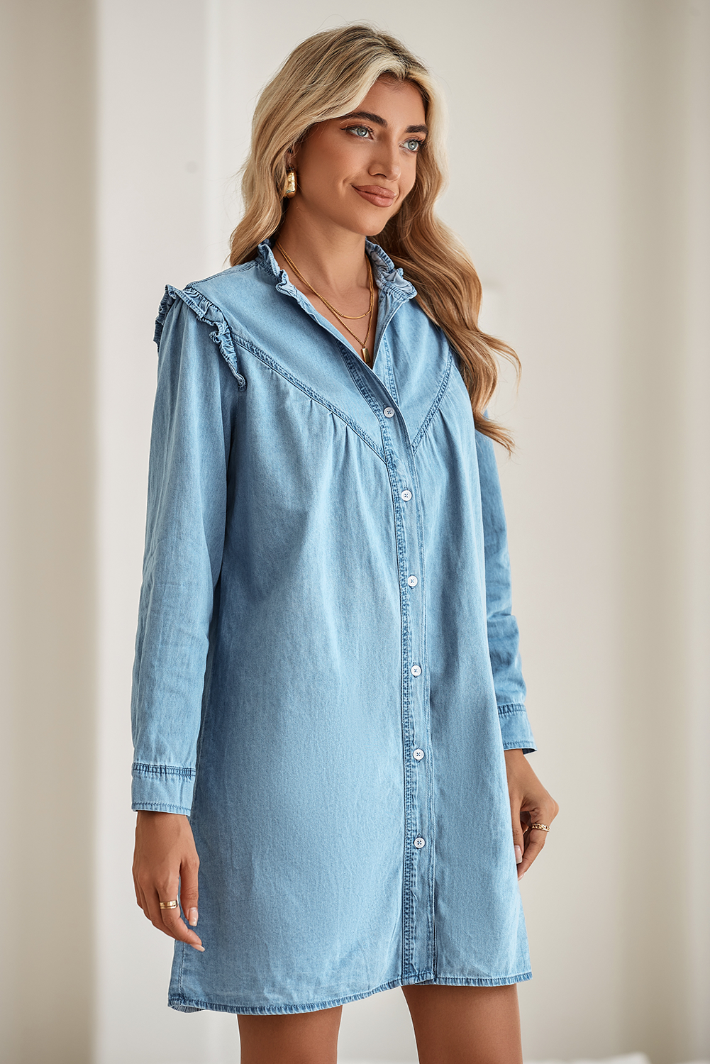 Myosotis Frill V Neck Buttoned Denim Dress