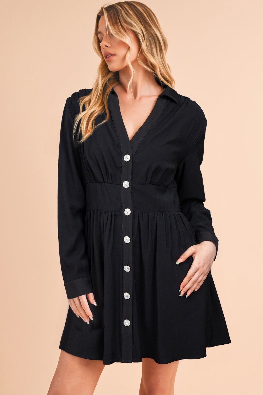 Black Buttoned High Waist Long Sleeve Mini Dress