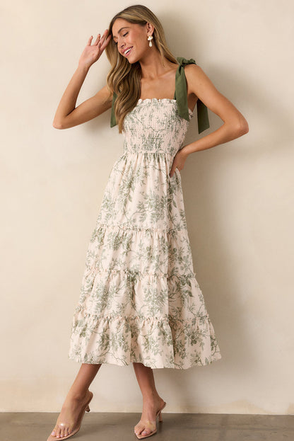 Green Floral Smocked High Waist Tiered Midi Dress