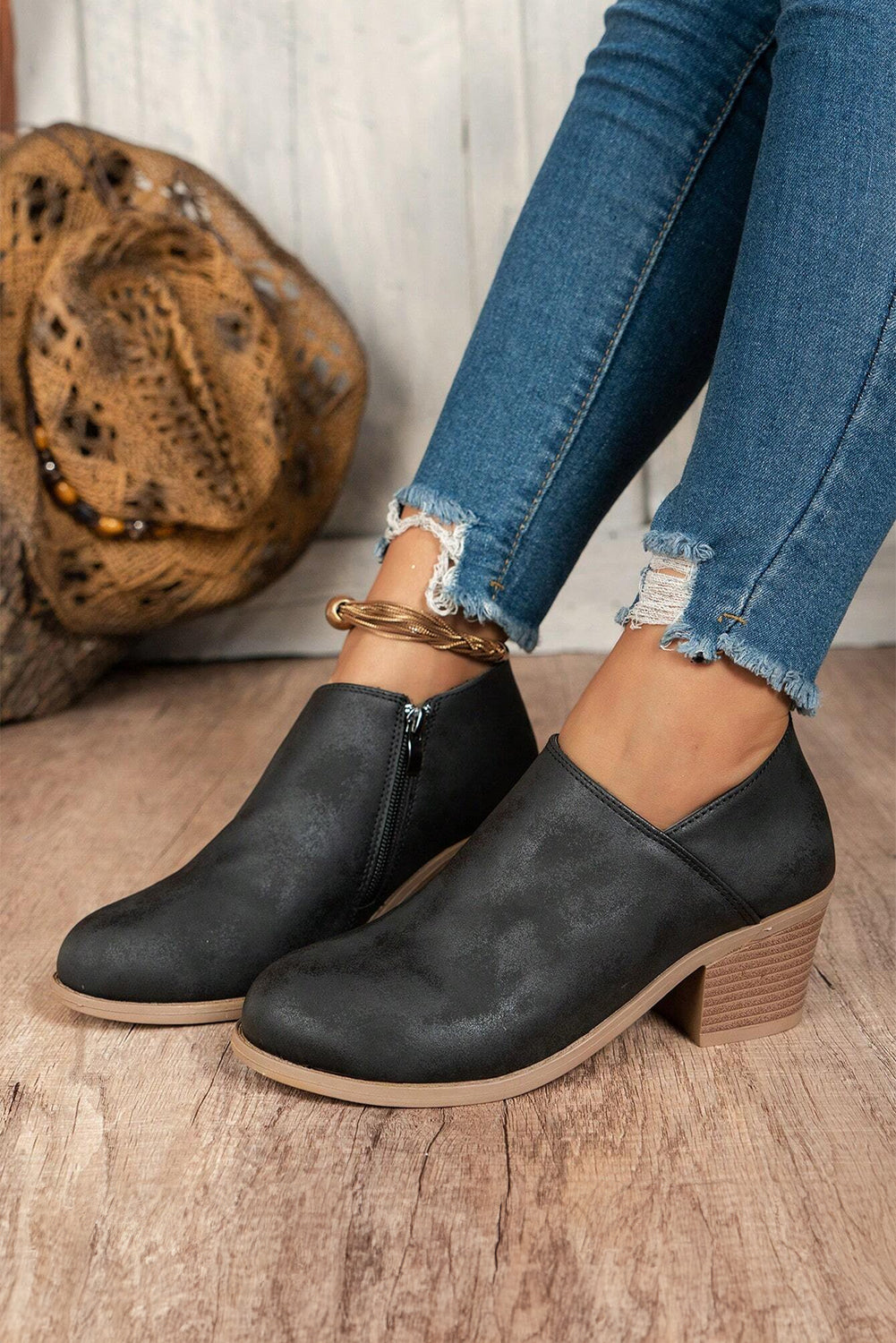 Black Suede Block Heel Ankle Boot