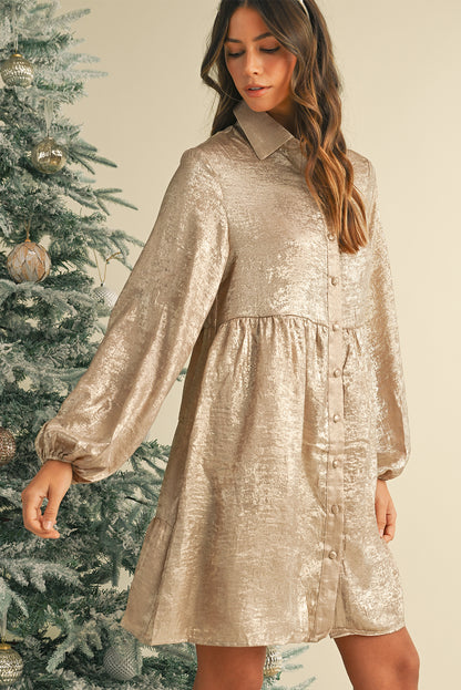 Apricot Metallic Sheen Puff Sleeve Button Up Mini Shirt Dress