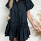 Black Button Down Puff Sleeve Ruched Ruffle Hem Dress