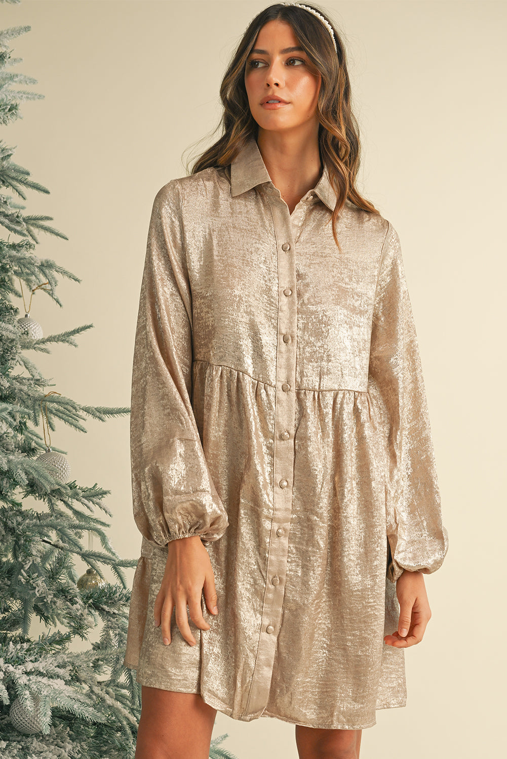 Apricot Metallic Sheen Puff Sleeve Button Up Mini Shirt Dress