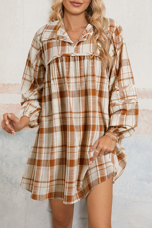 Brown Plaid Print Side Pockets Frill Babydoll Mini Dress