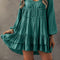 Mist Green Puff Sleeve Loose Fit Tiered Ruffle Mini Dress