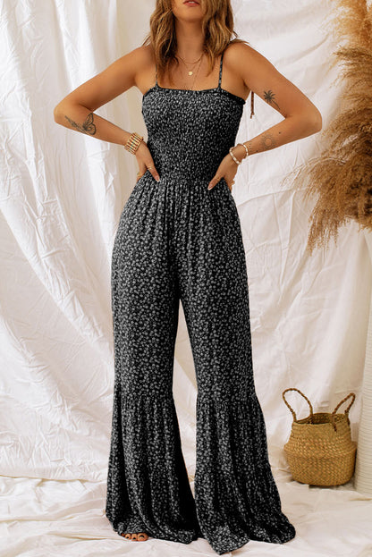 Black Floral Thin Straps Smocked Bodice Wide Leg Jumpsuit