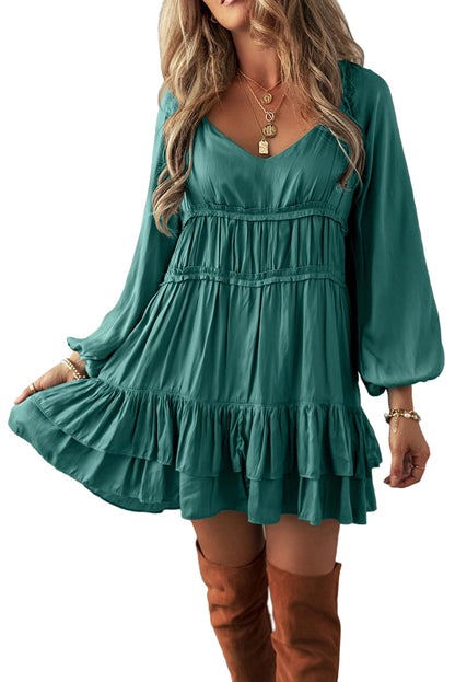 Mist Green Puff Sleeve Loose Fit Tiered Ruffle Mini Dress