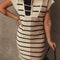 Khaki Stripe Color Block Quarter Zip Collar Short Sleeve Sweater Dress