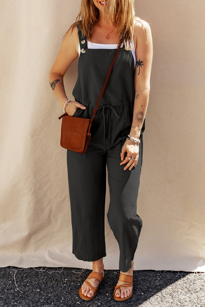 Black Drawstring Buttoned Straps Cropped Jumpsuit