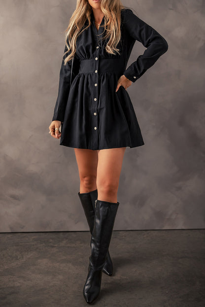 Black Buttoned High Waist Long Sleeve Mini Dress