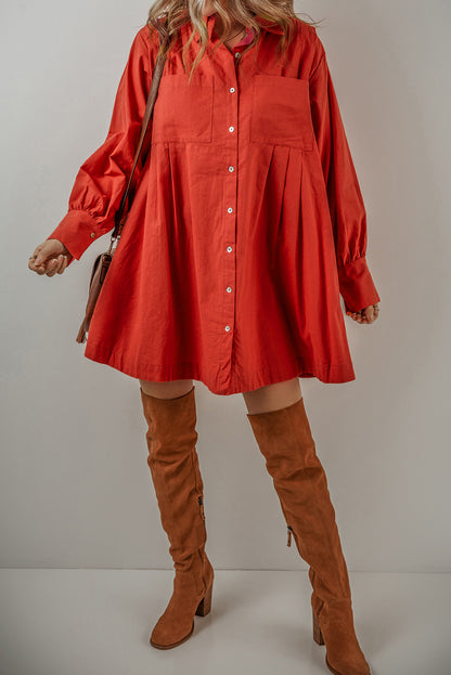 Tomato Red Bishop Sleeve Button-Up Pleated Mini Shirt Dress