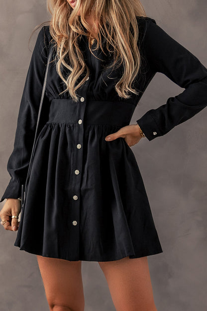 Black Buttoned High Waist Long Sleeve Mini Dress