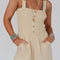 Beige Solid Color Buttons Smocked Sleeveless Romper