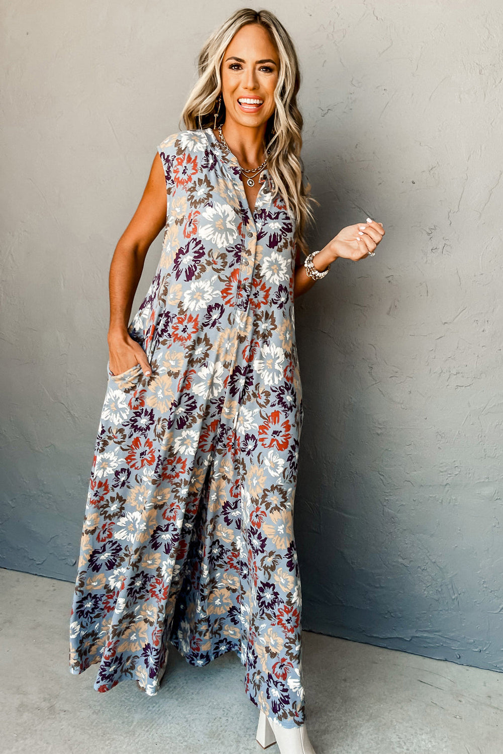 Sky Blue Floral Sleeveless Pocketed Wide Leg Jumpsuit