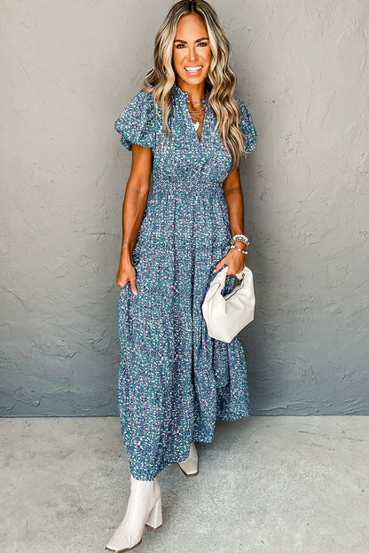 Blue Abstract Print Split V Neck Shirred High Waist Maxi Dress