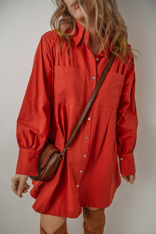 Tomato Red Bishop Sleeve Button-Up Pleated Mini Shirt Dress