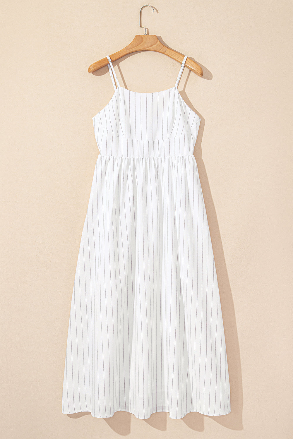 Beige Stripe Spaghetti Strap Pocketed High Waist Maxi Dress