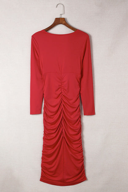 Red Elegant Wrap V Neck Ruched Slim Fit Midi Dress