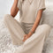 Parchment Solid Color Ribbed Short Sleeve Wide Leg Jumpsuit