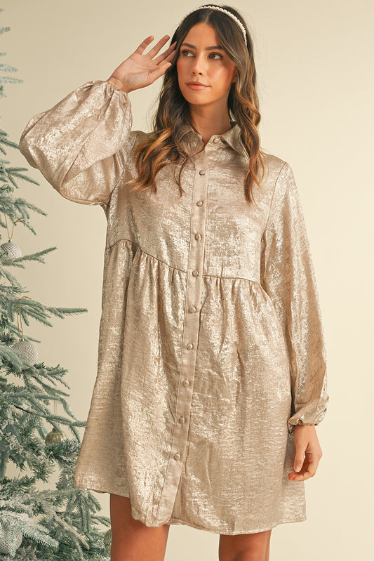 Apricot Metallic Sheen Puff Sleeve Button Up Mini Shirt Dress