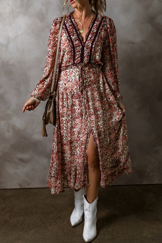 Brown Floral Print Frill V Neck Split Midi Dress