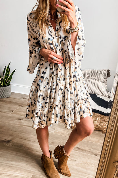 Black Leopard Button V Neck Flowy Mini Dress