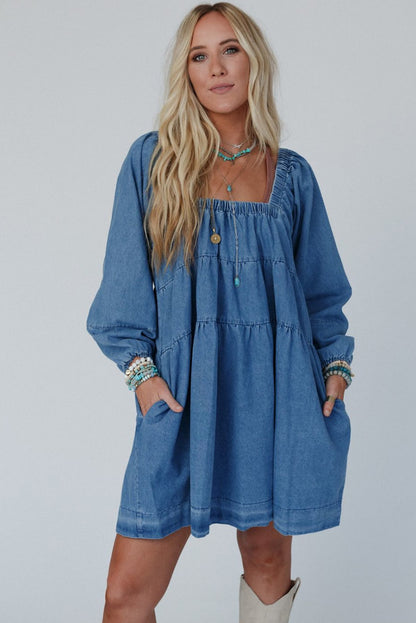 Dusk Blue Side Pockets Loose Fit Denim Mini Dress