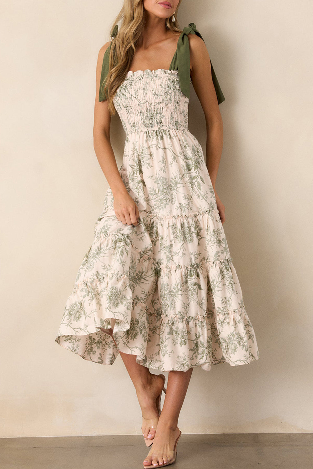 Green Floral Smocked High Waist Tiered Midi Dress