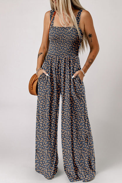 Black Floral Square Neckline Stretch High Waist Jumpsuit