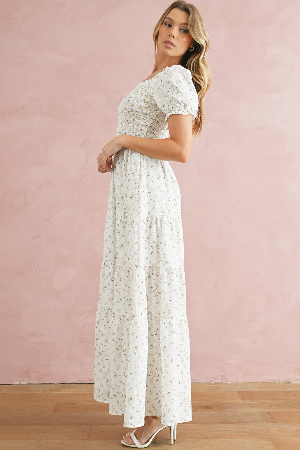 White Frill Neckline Shirred Bodice Floral Maxi Dress