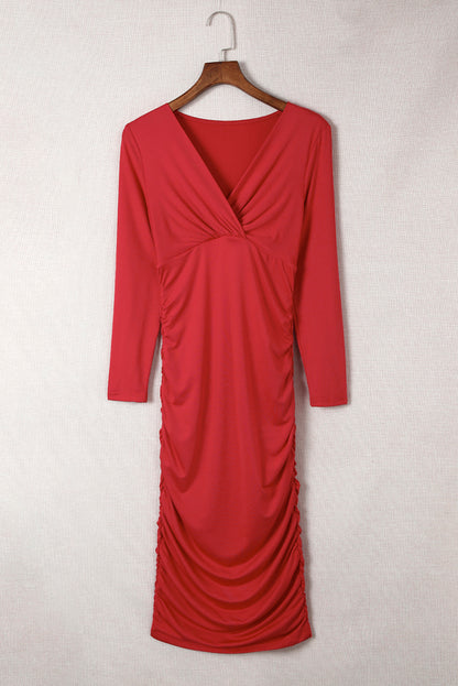 Red Elegant Wrap V Neck Ruched Slim Fit Midi Dress