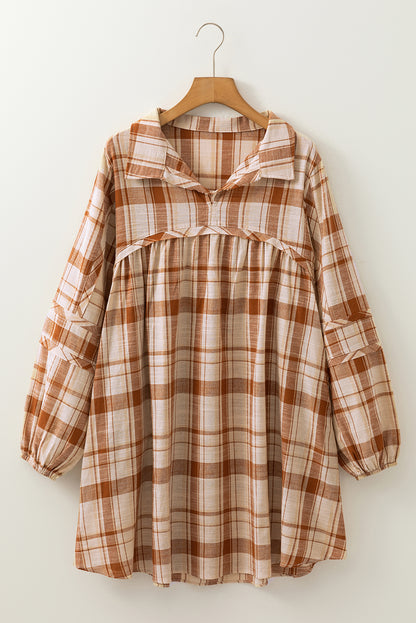 Brown Plaid Print Side Pockets Frill Babydoll Mini Dress