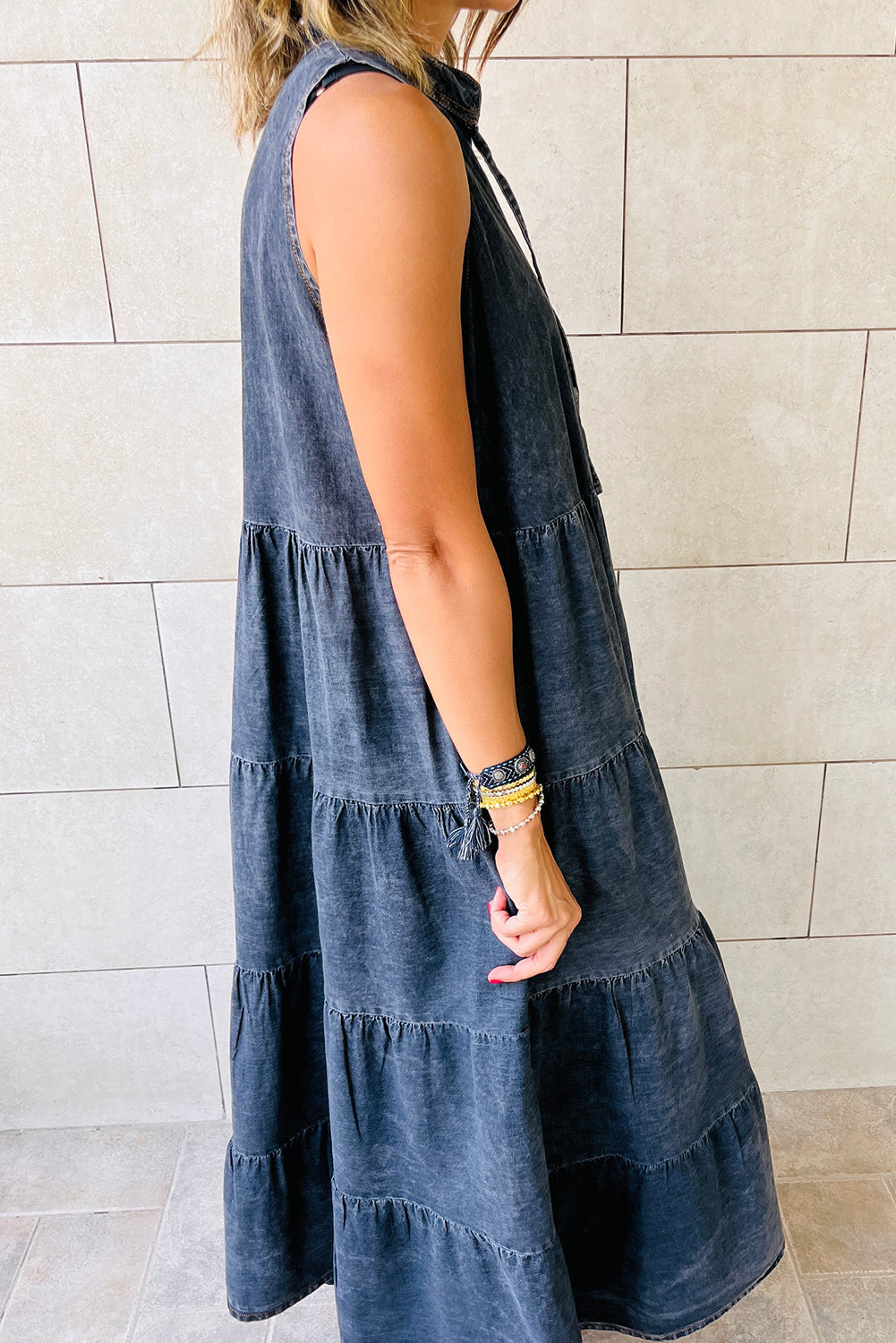 Blue Sleeveless Tiered Chambray Maxi Dress