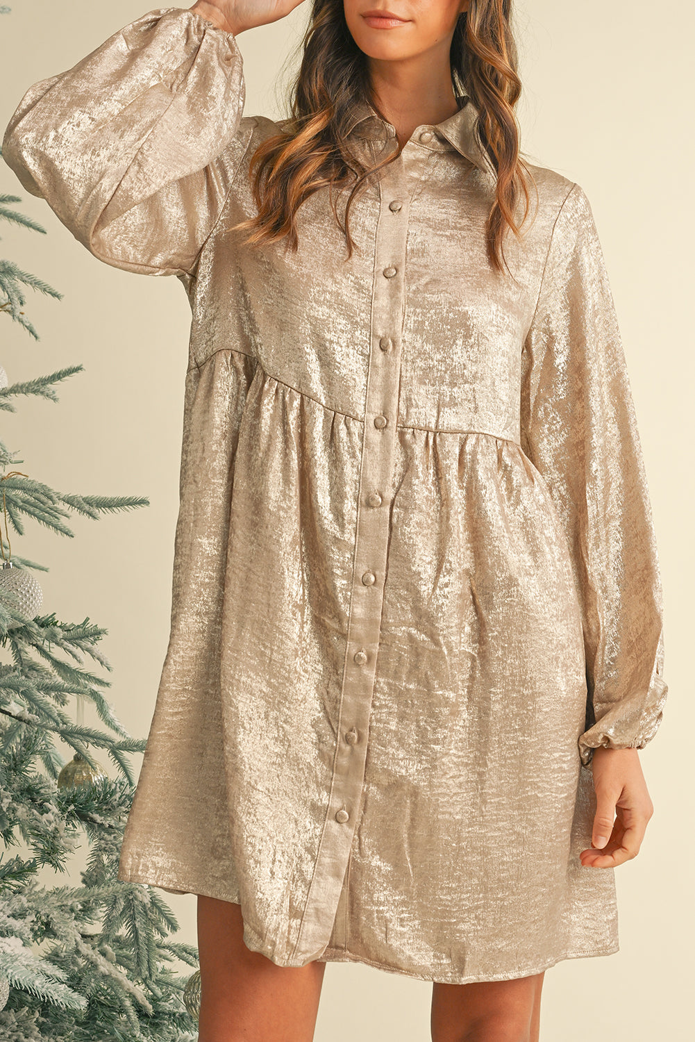 Apricot Metallic Sheen Puff Sleeve Button Up Mini Shirt Dress