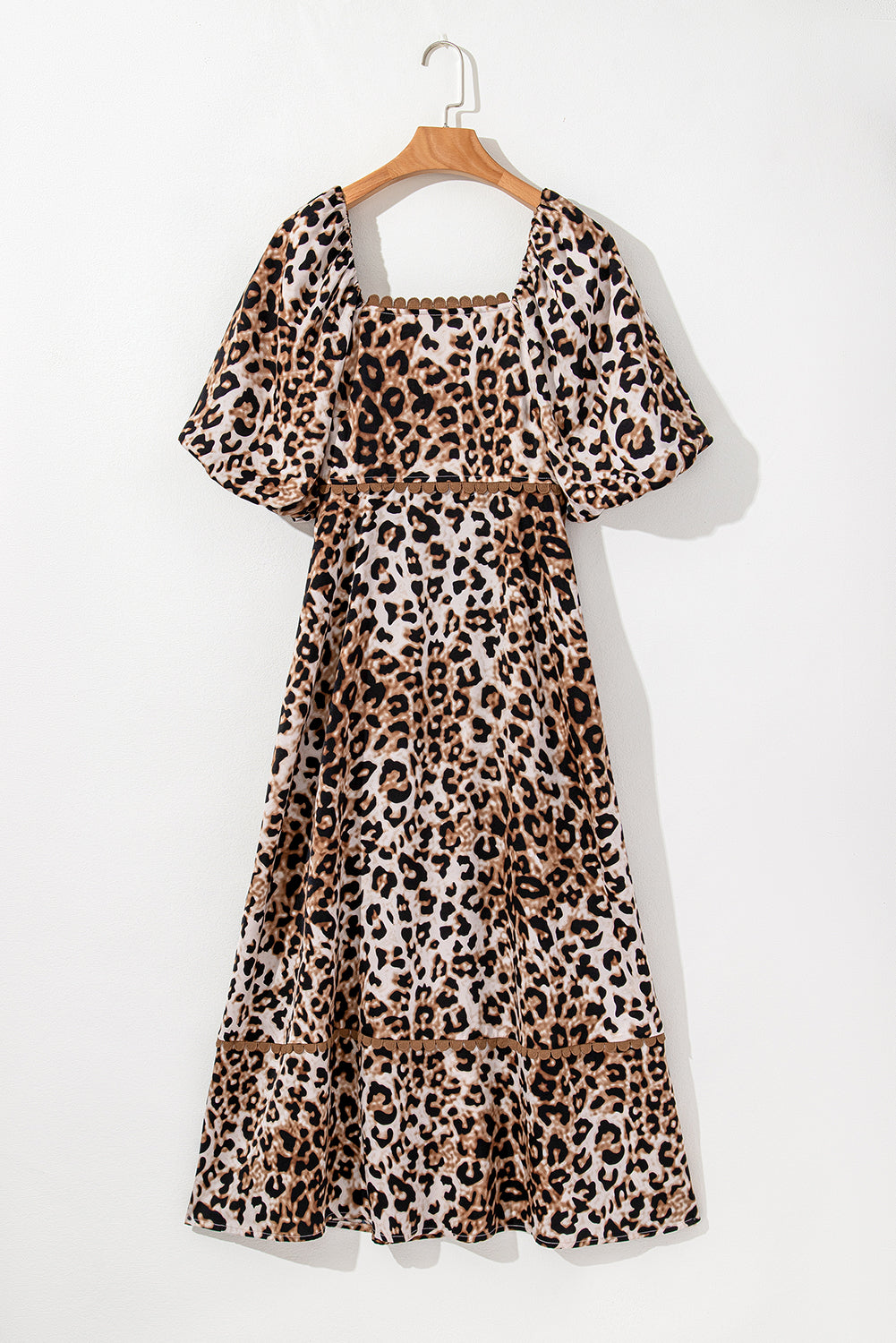 Brown Leopard Print Puff Sleeve Ricrac Maxi Dress