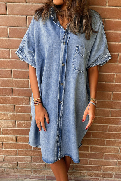 Light Blue Vintage Wash Loose Denim Shirt Dress