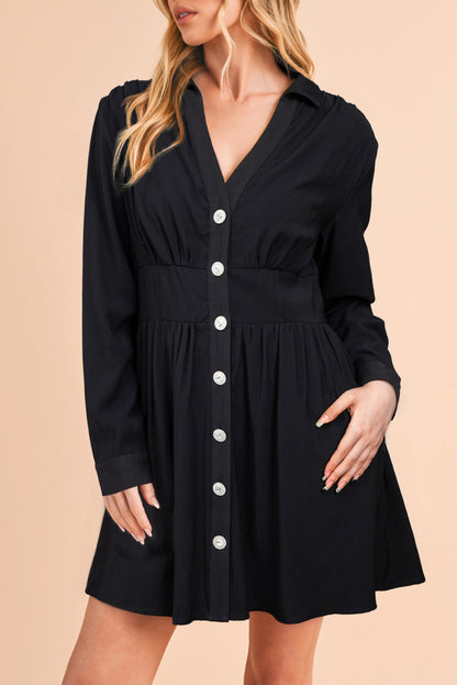 Black Buttoned High Waist Long Sleeve Mini Dress