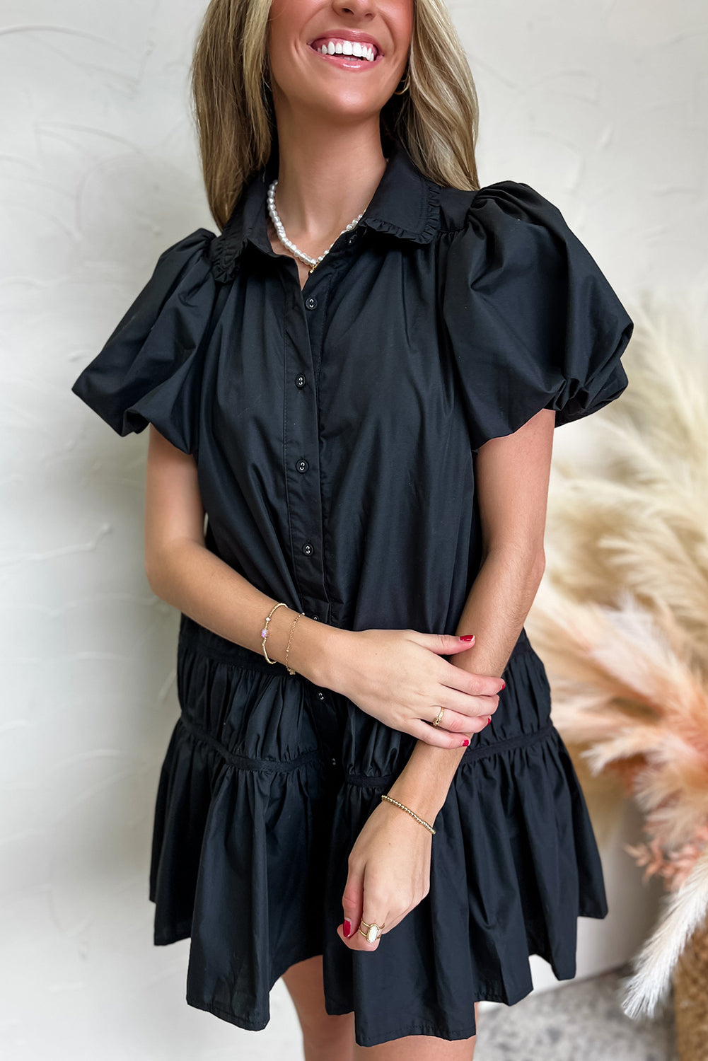 Black Button Down Puff Sleeve Ruched Ruffle Hem Dress