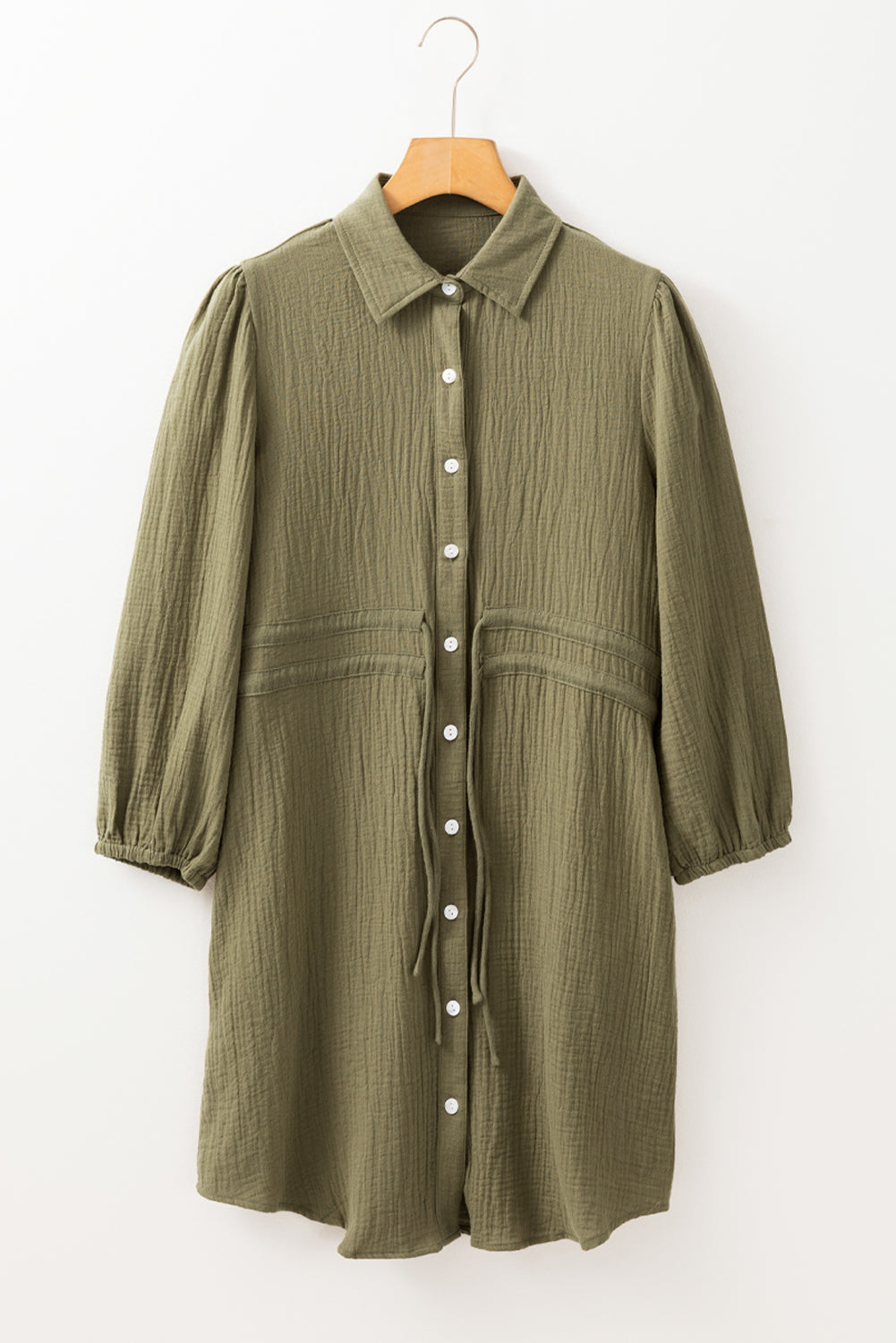 Jungle Green Textured Bracelet Sleeve Button Up Mini Dress