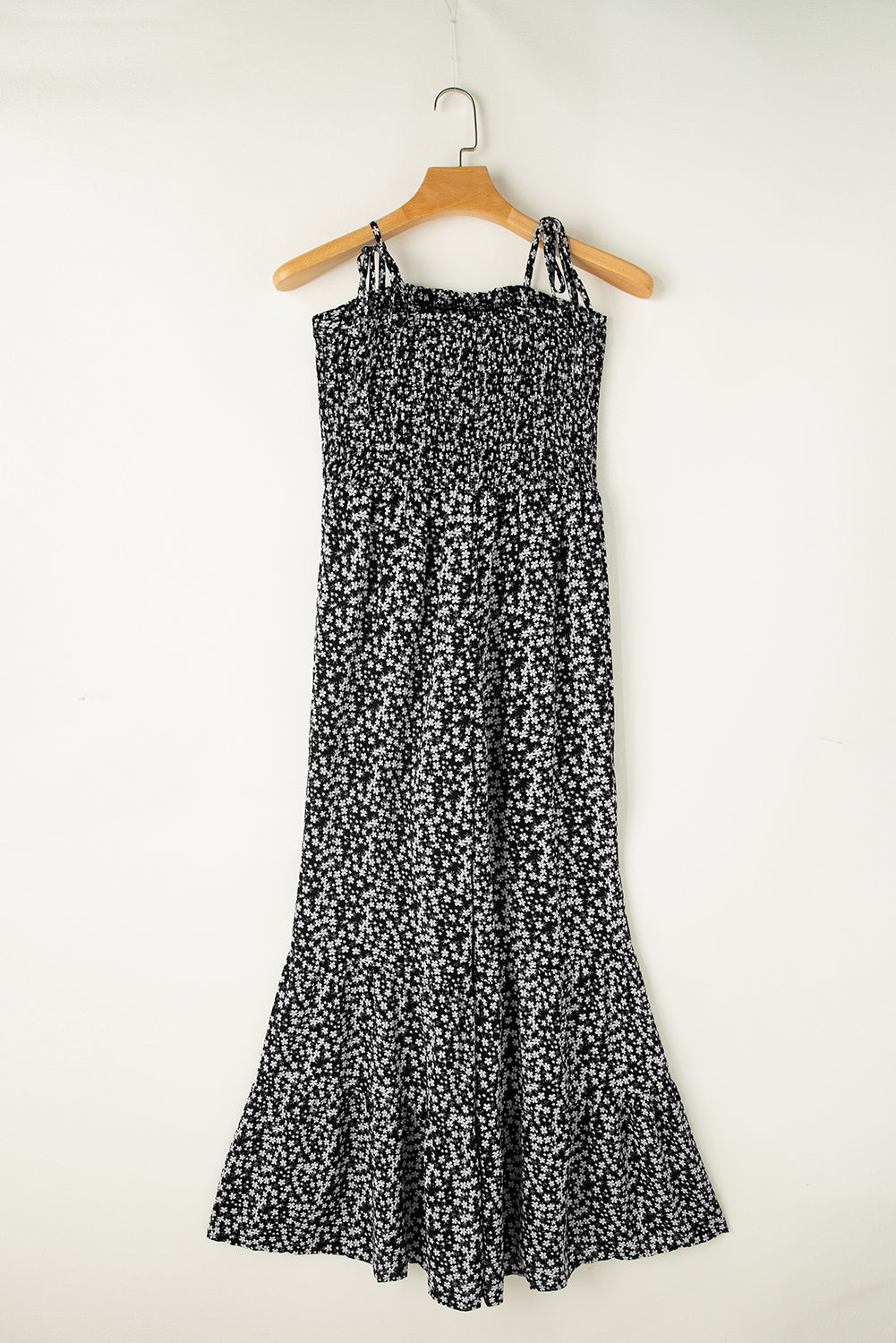 Black Floral Thin Straps Smocked Bodice Wide Leg Jumpsuit