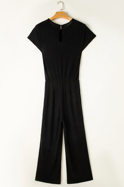 Parchment Solid Color Ribbed Short Sleeve Wide Leg Jumpsuit