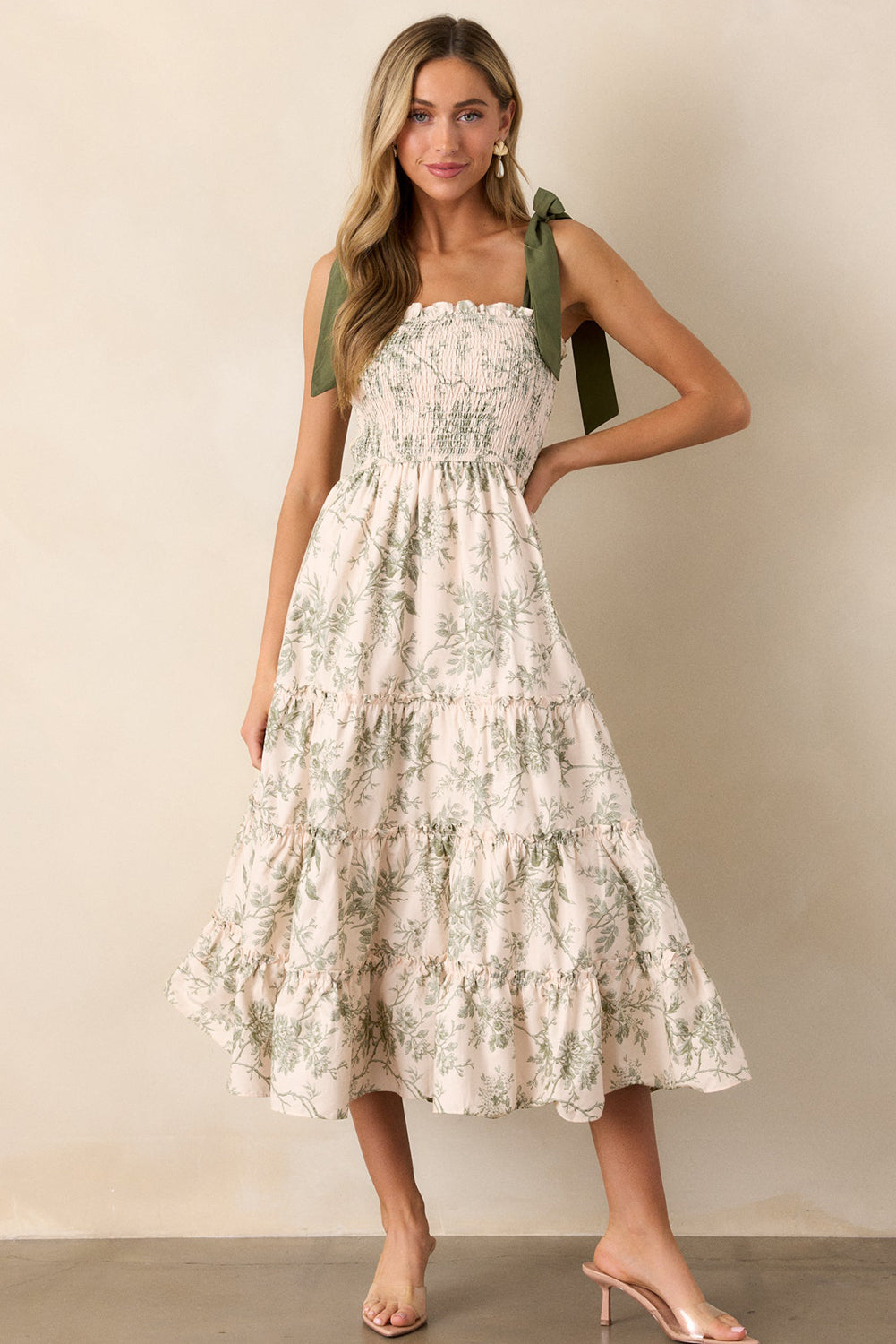 Green Floral Smocked High Waist Tiered Midi Dress