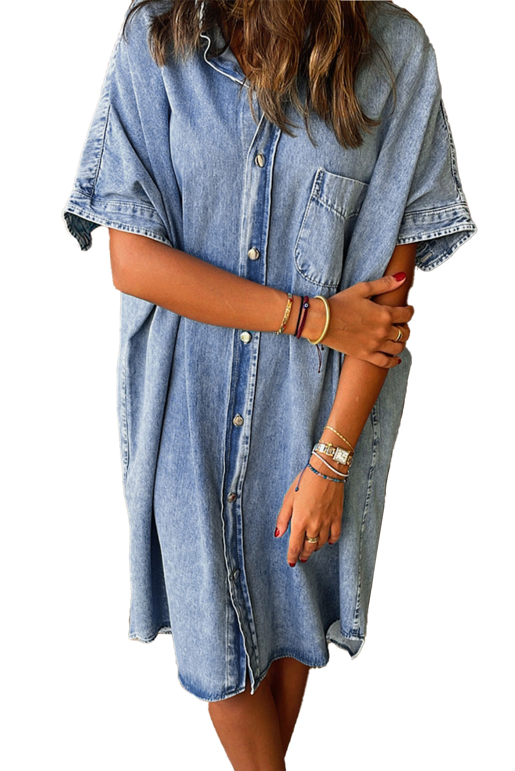 Light Blue Vintage Wash Loose Denim Shirt Dress