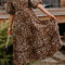 Brown Leopard Print Puff Sleeve Ricrac Maxi Dress