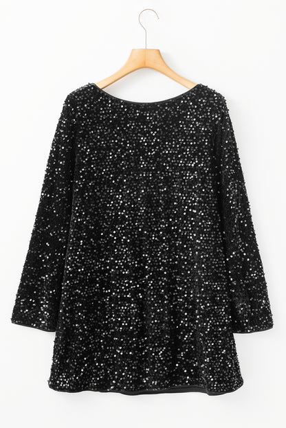 Black Sequin Long Sleeve Knot Cutout Back Mini Dress