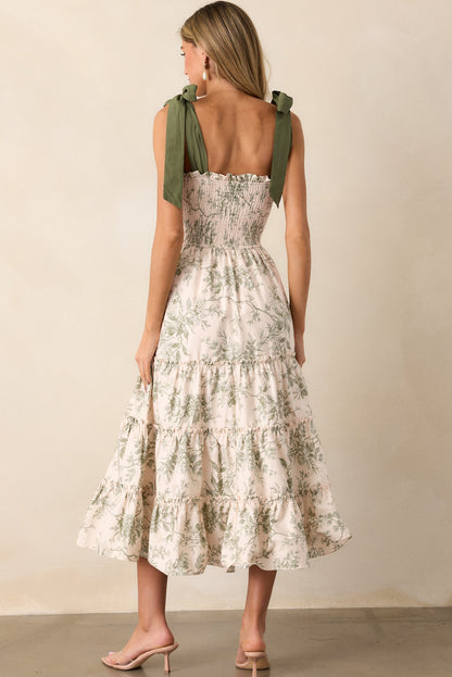 Green Floral Smocked High Waist Tiered Midi Dress