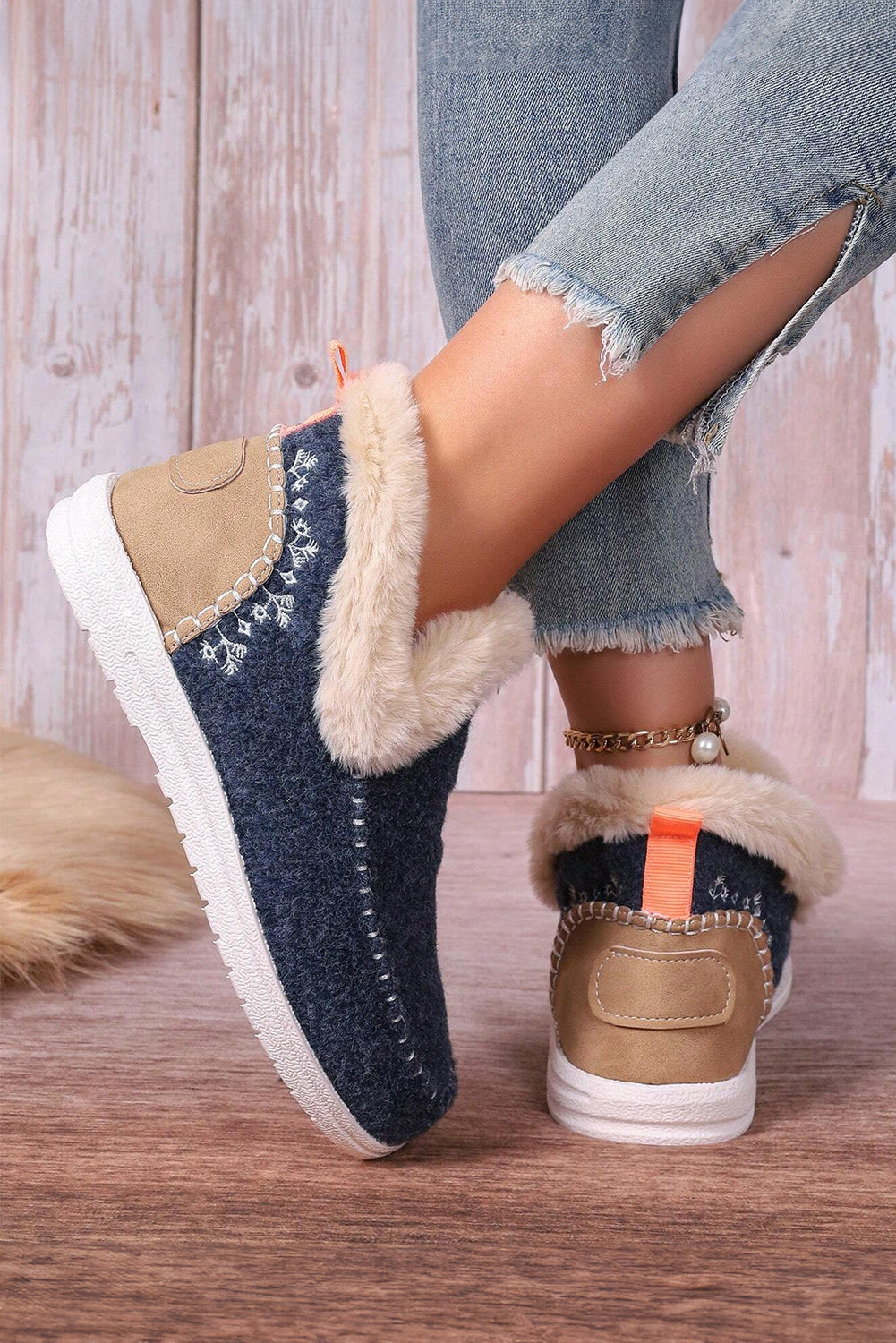 Beige Suede Stitching Patchwork Plush Lined Anklet Boots