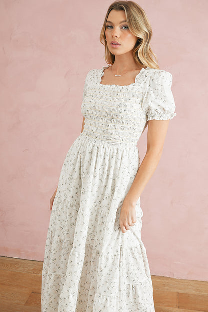 White Frill Neckline Shirred Bodice Floral Maxi Dress