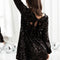 Black Sequin Long Sleeve Knot Cutout Back Mini Dress